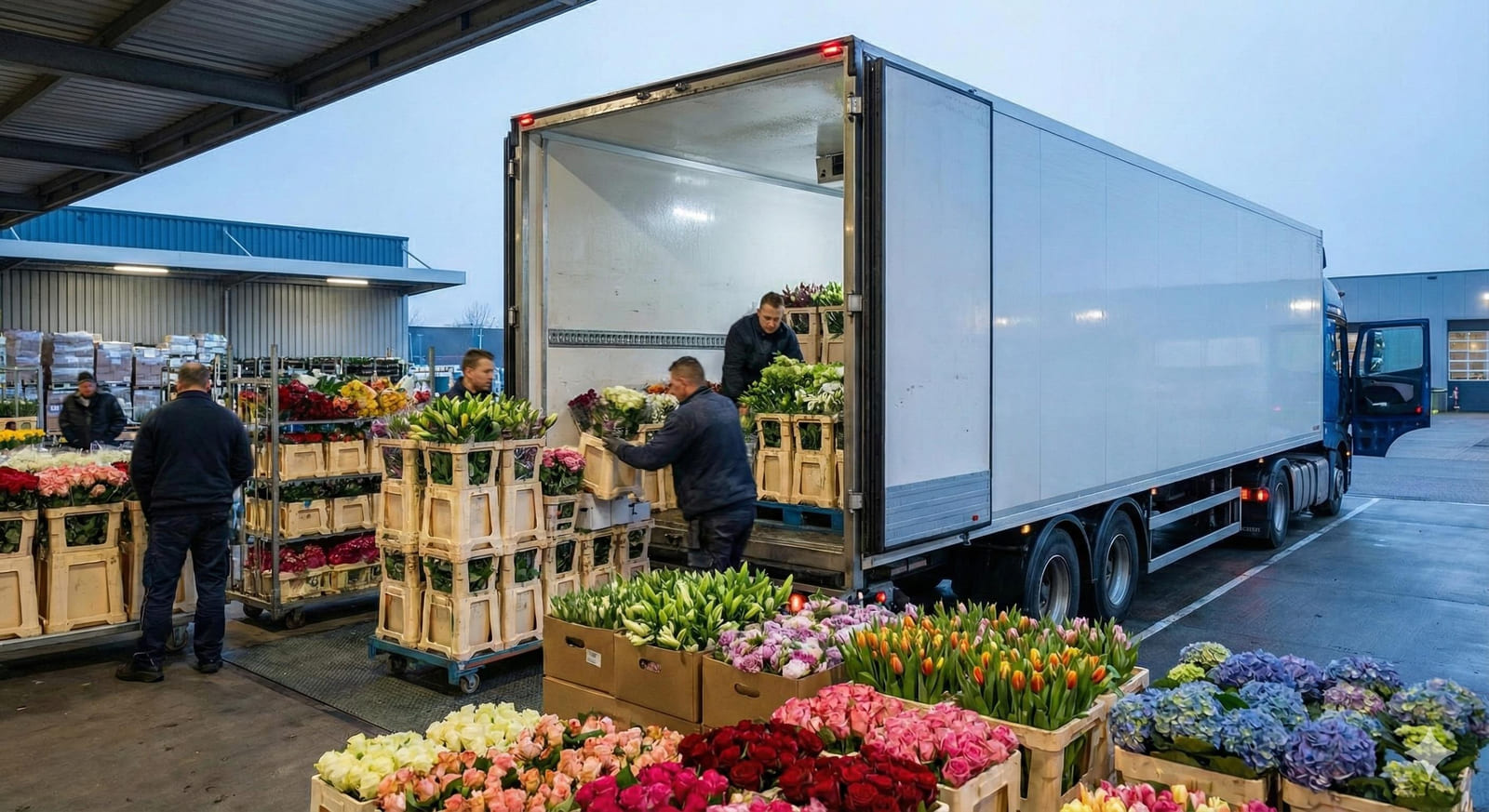 Workers loading crates of fresh-cut flowers into an enclosed trailer at a distribution yard.